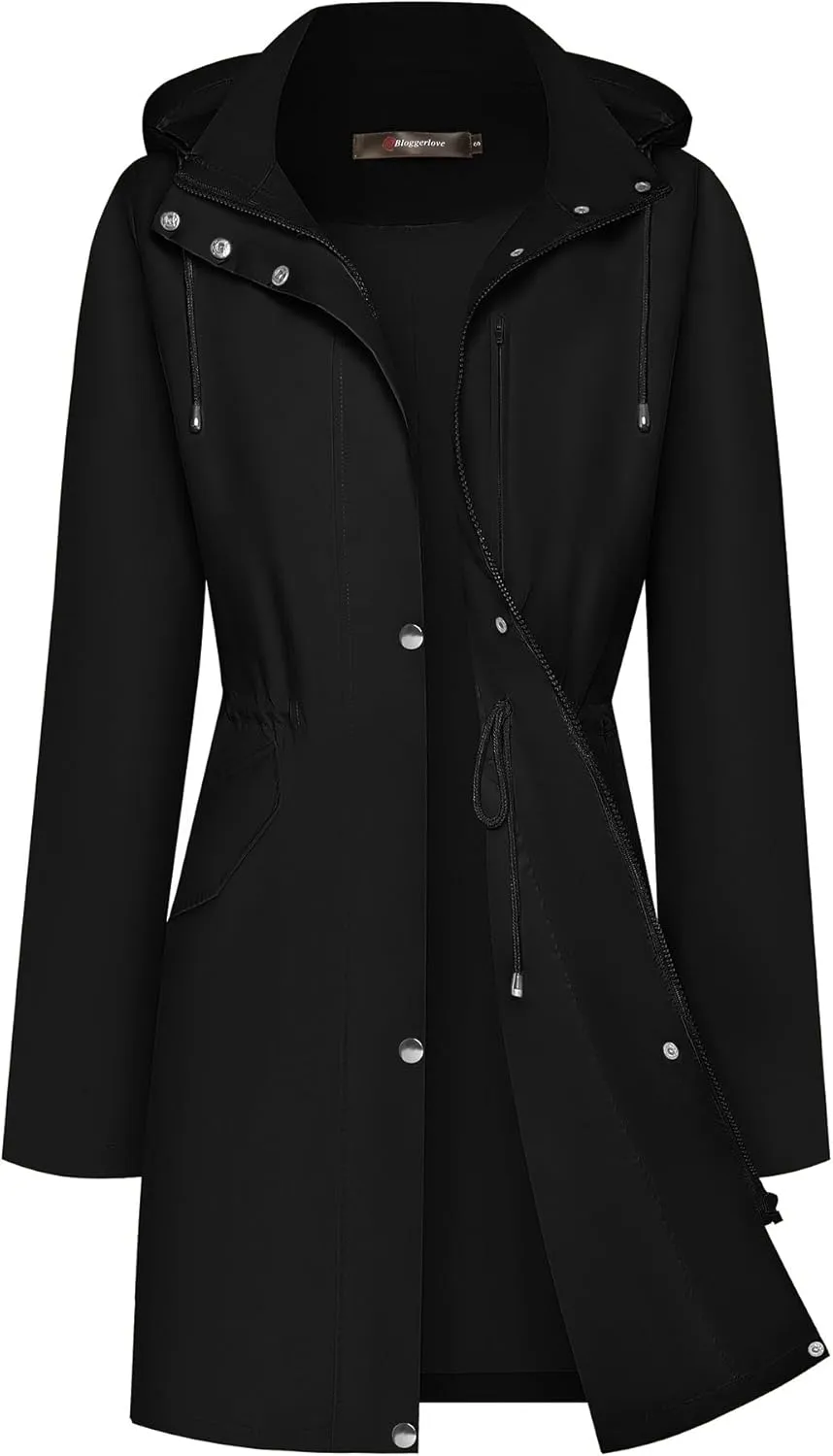 Bloggerlove Rain Jacket for Women Long Raincoat with Hood Lightweight Windbreaker Waterproof Outdoor Trench Coat