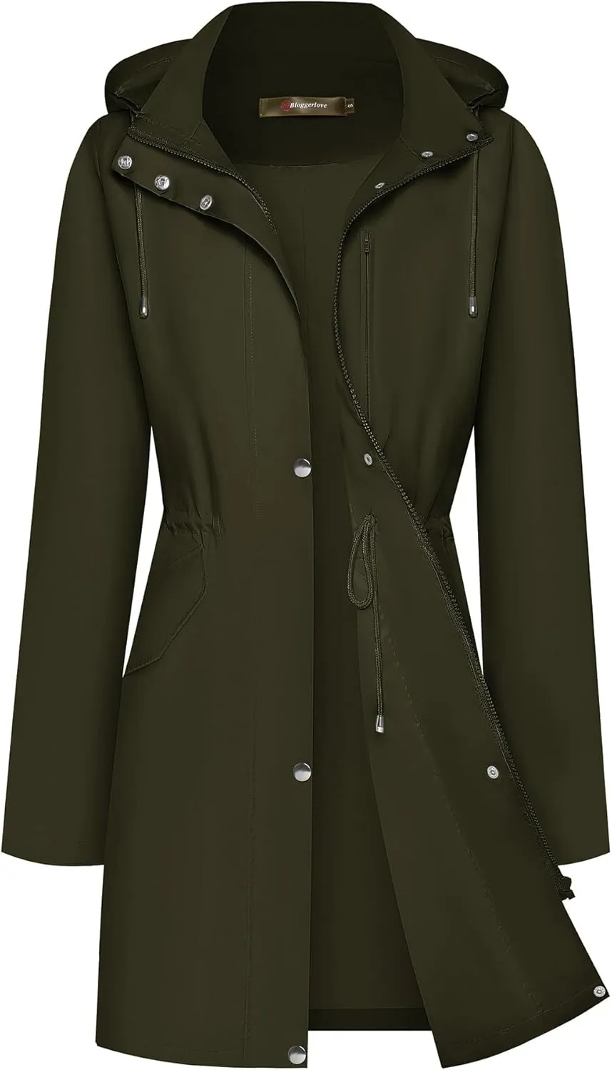 Bloggerlove Rain Jacket for Women Long Raincoat with Hood Lightweight Windbreaker Waterproof Outdoor Trench Coat