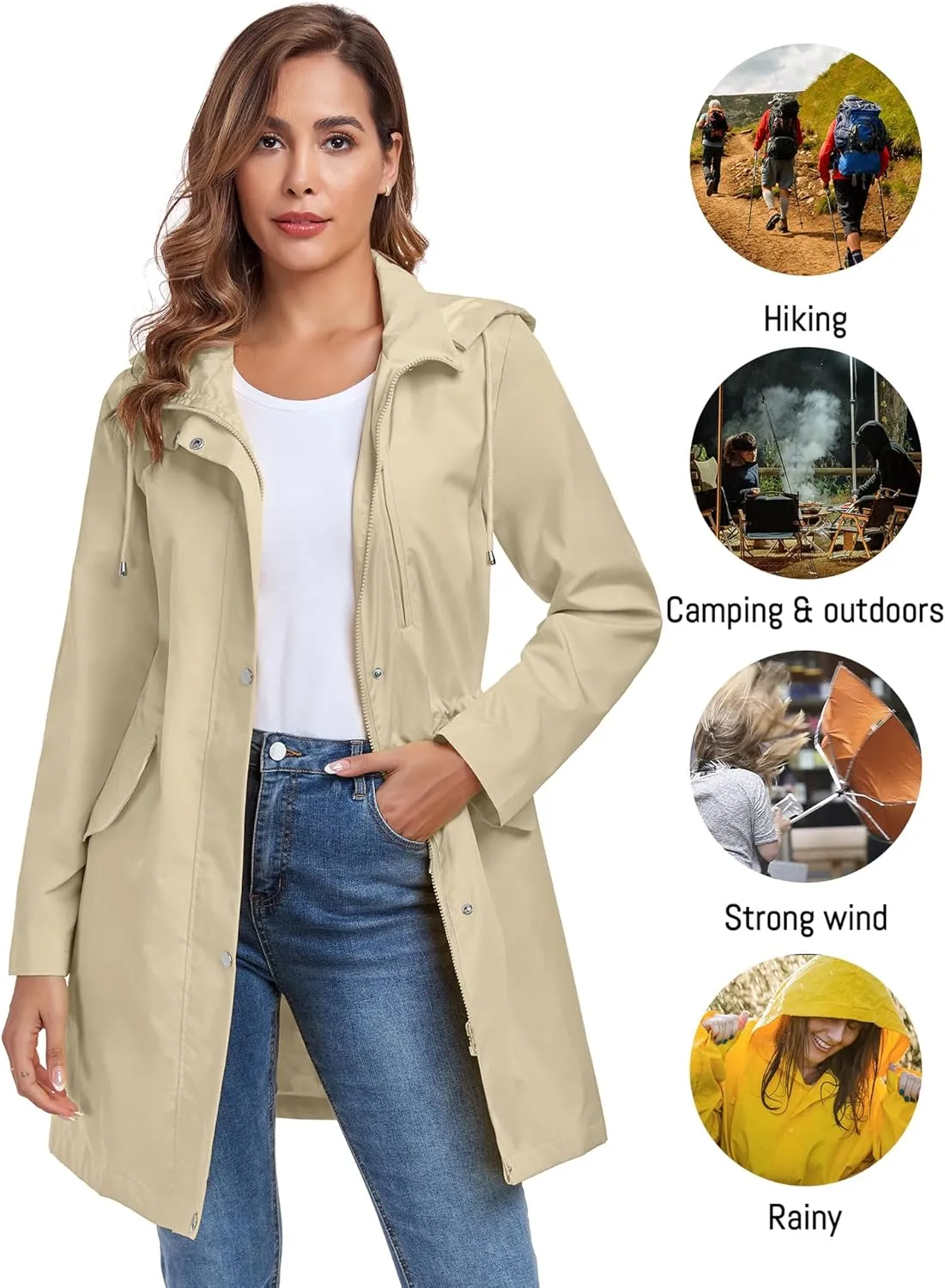 Bloggerlove Rain Jacket for Women Long Raincoat with Hood Lightweight Windbreaker Waterproof Outdoor Trench Coat
