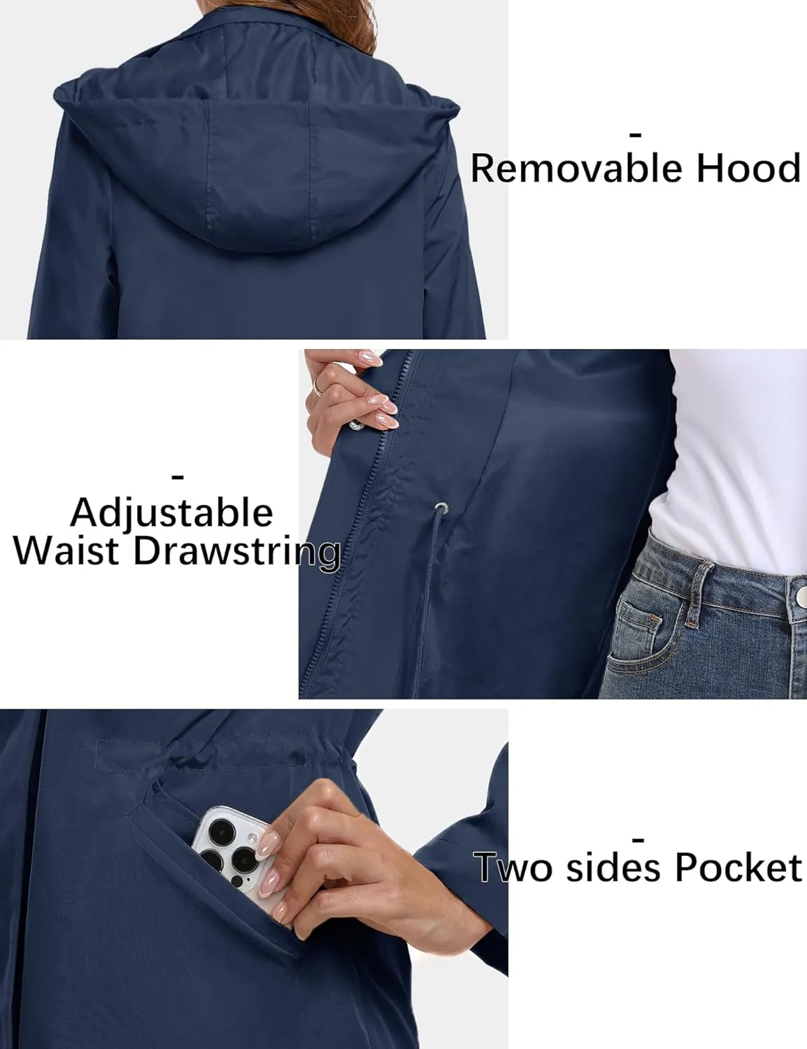 Bloggerlove Rain Jacket for Women Long Raincoat with Hood Lightweight Windbreaker Waterproof Outdoor Trench Coat