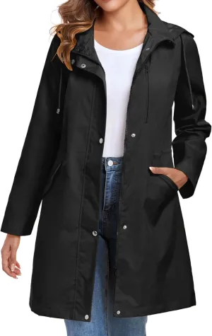 Bloggerlove Rain Jacket for Women Long Raincoat with Hood Lightweight Windbreaker Waterproof Outdoor Trench Coat