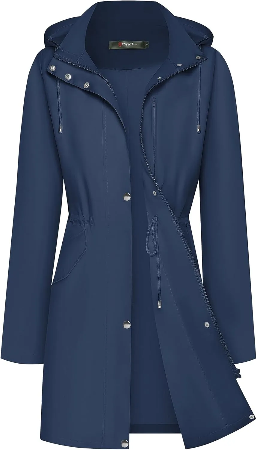 Bloggerlove Rain Jacket for Women Long Raincoat with Hood Lightweight Windbreaker Waterproof Outdoor Trench Coat