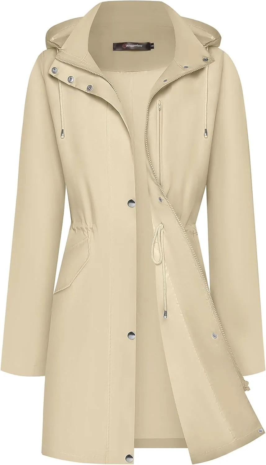 Bloggerlove Rain Jacket for Women Long Raincoat with Hood Lightweight Windbreaker Waterproof Outdoor Trench Coat