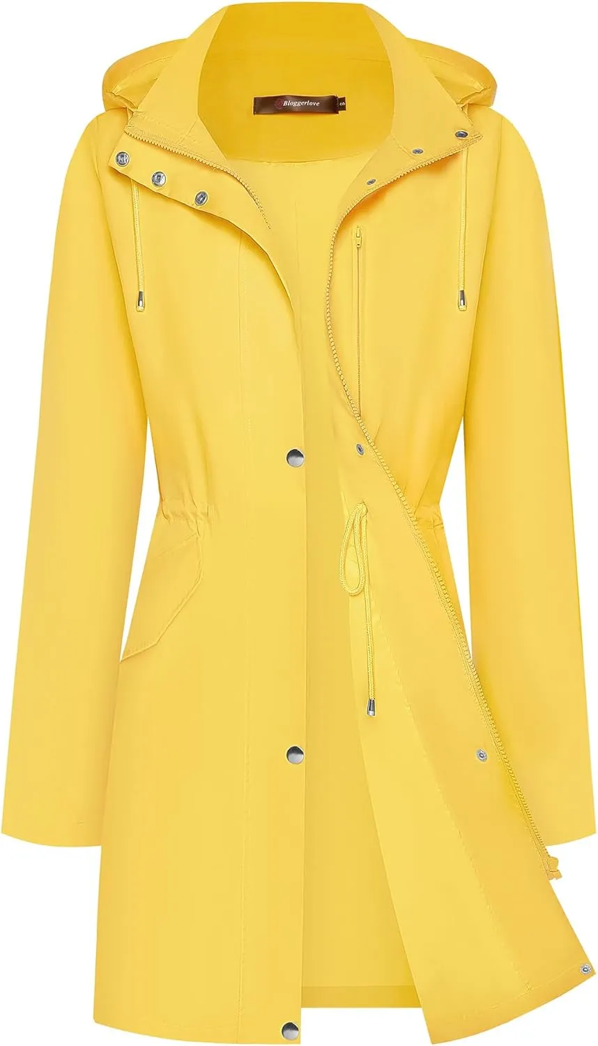 Bloggerlove Rain Jacket for Women Long Raincoat with Hood Lightweight Windbreaker Waterproof Outdoor Trench Coat