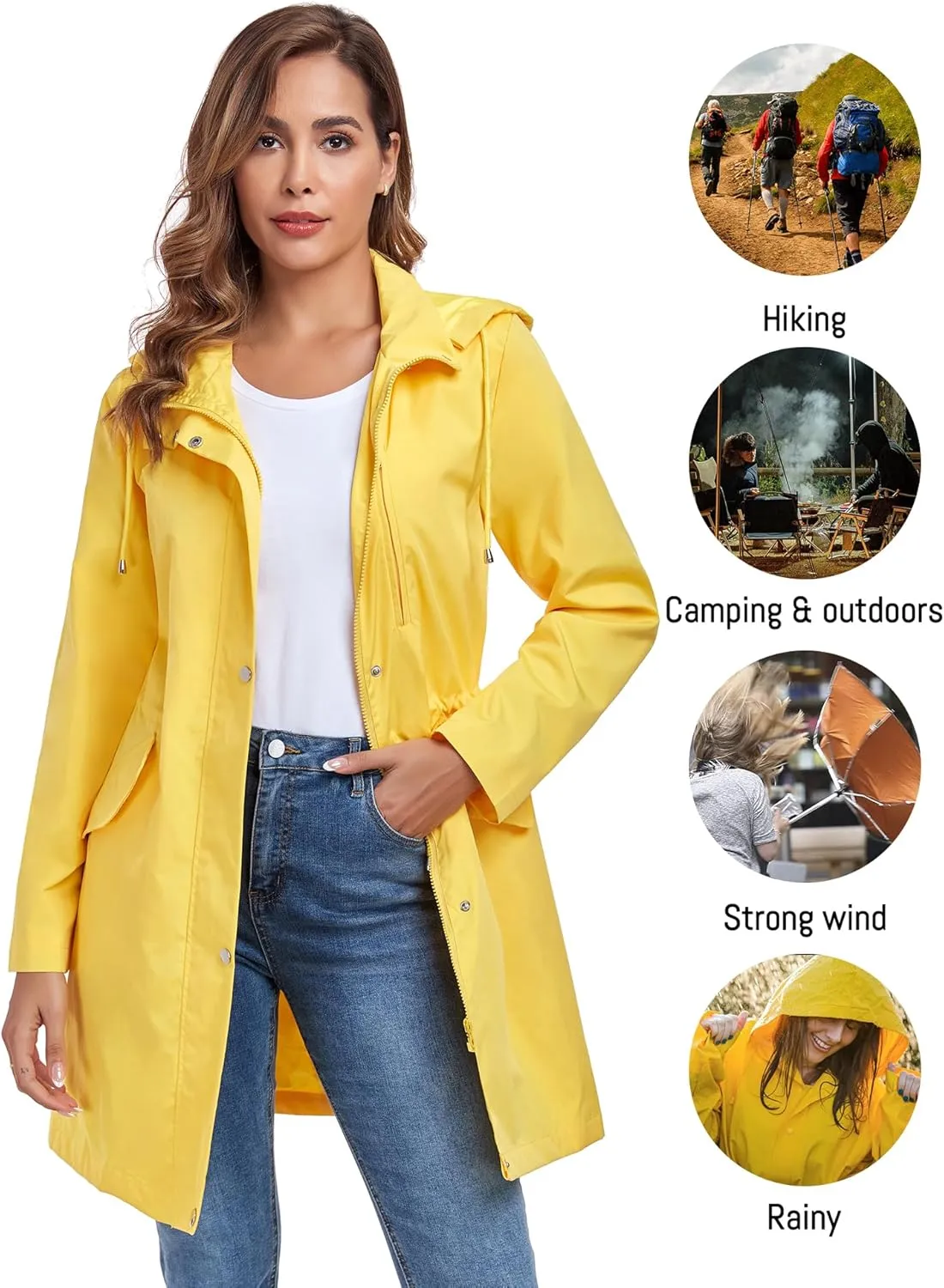 Bloggerlove Rain Jacket for Women Long Raincoat with Hood Lightweight Windbreaker Waterproof Outdoor Trench Coat