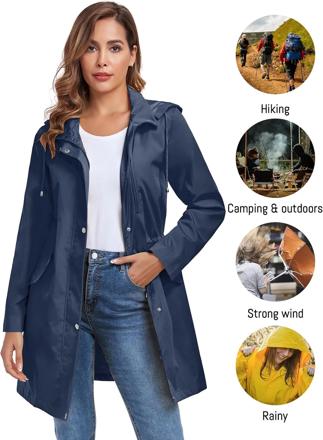 Bloggerlove Rain Jacket for Women Long Raincoat with Hood Lightweight Windbreaker Waterproof Outdoor Trench Coat