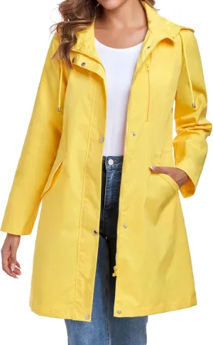 Bloggerlove Rain Jacket for Women Long Raincoat with Hood Lightweight Windbreaker Waterproof Outdoor Trench Coat
