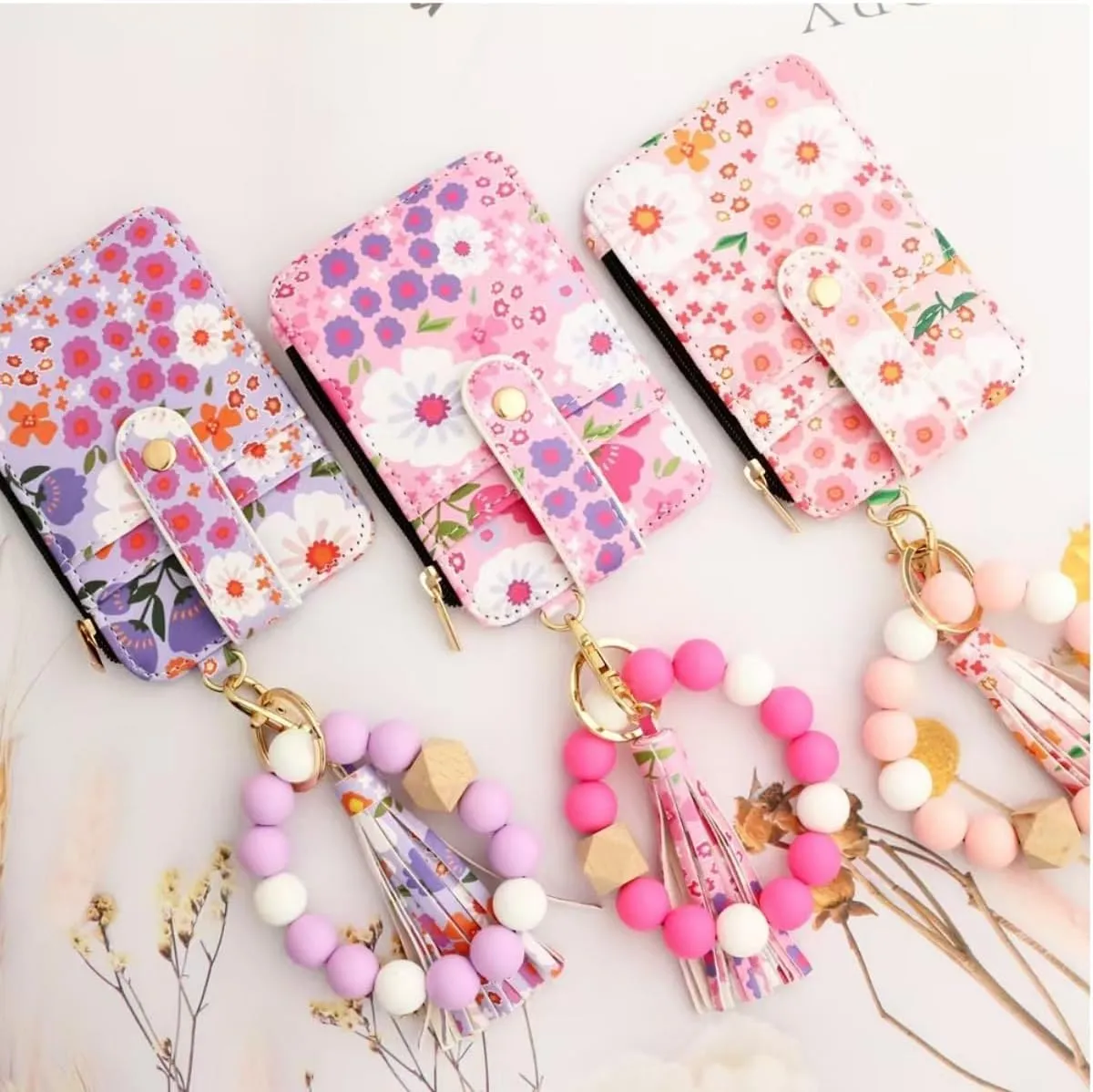 Boho Wristlet Wallet,Ladies' Boho Style Wristlet Wallet Keychain,with Flower Pattern Wallets (Dark pink)