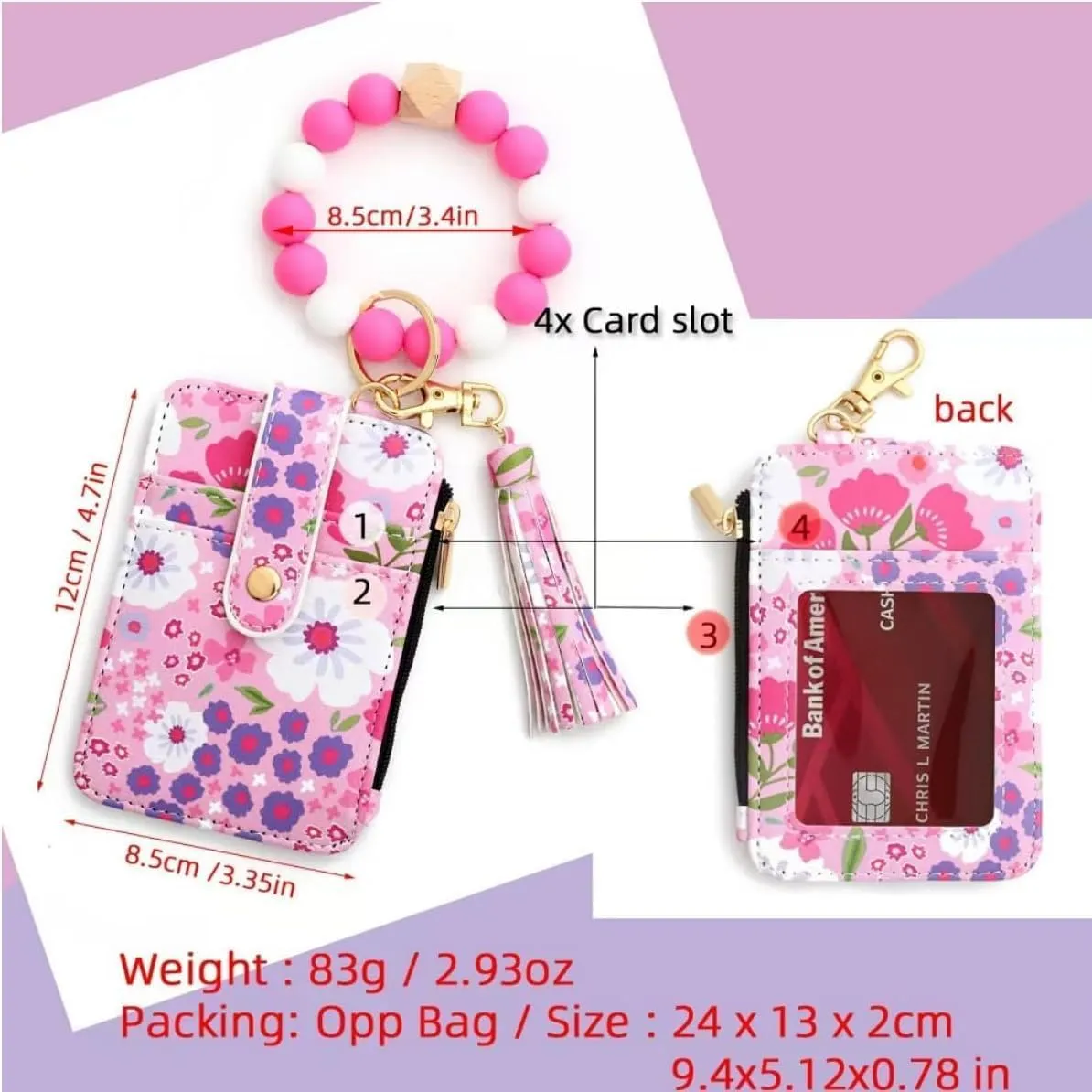 Boho Wristlet Wallet,Ladies' Boho Style Wristlet Wallet Keychain,with Flower Pattern Wallets (Dark pink)