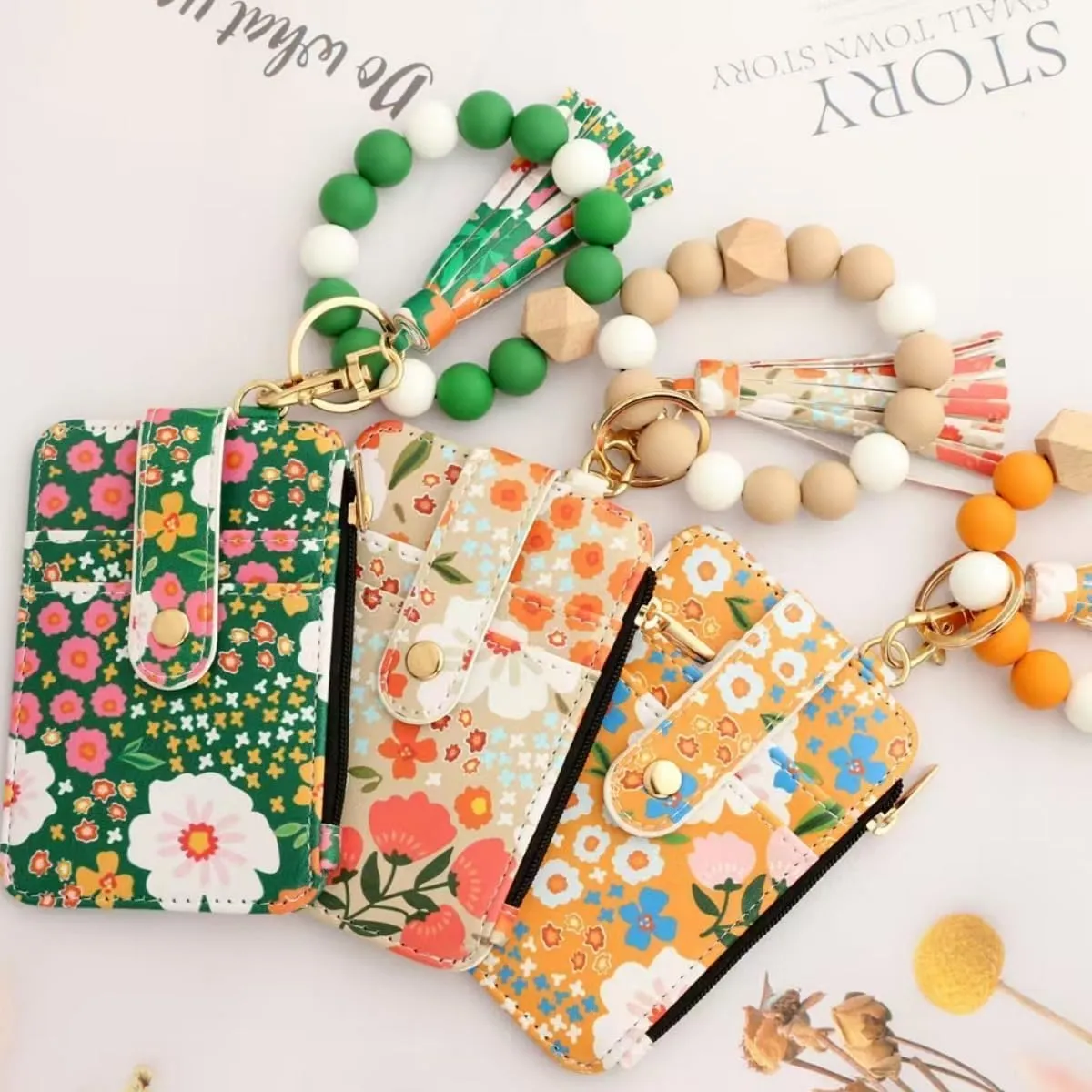 Boho Wristlet Wallet,Ladies' Boho Style Wristlet Wallet Keychain,with Flower Pattern Wallets (Dark pink)