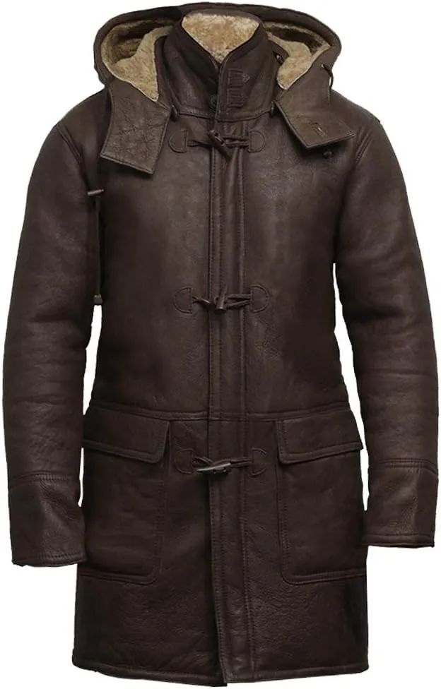 BRANDSLOCK Mens Shearling Sheepskin Leather Warm Duffle Trench Coat