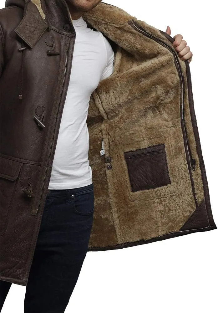 BRANDSLOCK Mens Shearling Sheepskin Leather Warm Duffle Trench Coat