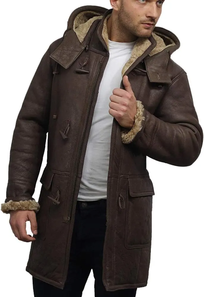 BRANDSLOCK Mens Shearling Sheepskin Leather Warm Duffle Trench Coat