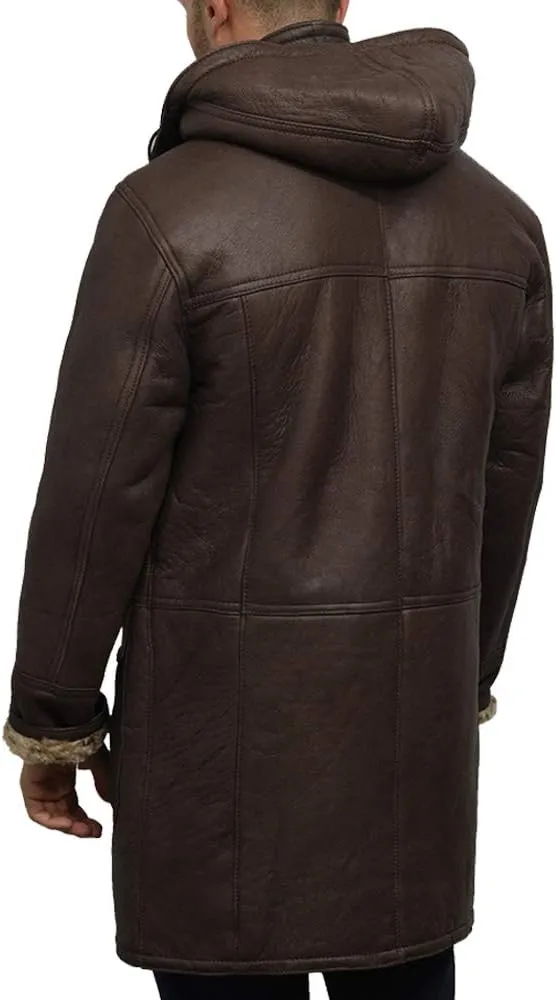 BRANDSLOCK Mens Shearling Sheepskin Leather Warm Duffle Trench Coat
