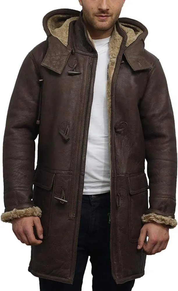 BRANDSLOCK Mens Shearling Sheepskin Leather Warm Duffle Trench Coat