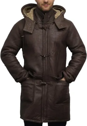 BRANDSLOCK Mens Shearling Sheepskin Leather Warm Duffle Trench Coat