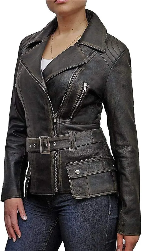 BRANDSLOCK Womens Classic Leather Biker Jacket Genuine Skin