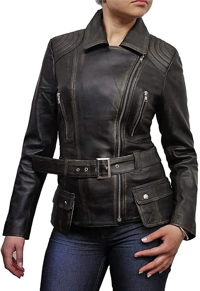 BRANDSLOCK Womens Classic Leather Biker Jacket Genuine Skin