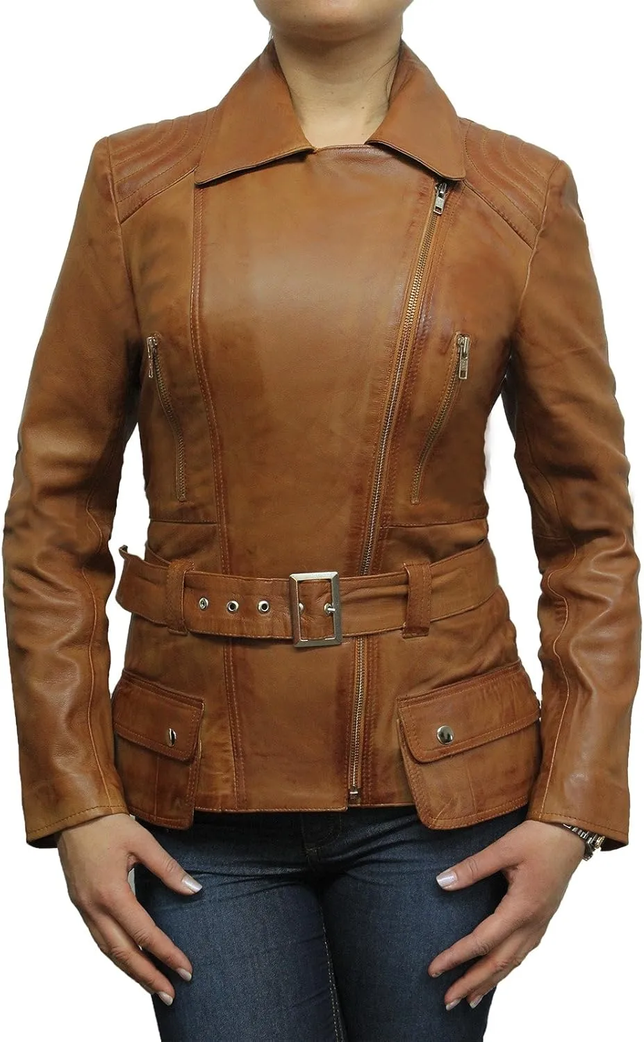 BRANDSLOCK Womens Classic Leather Biker Jacket Genuine Skin