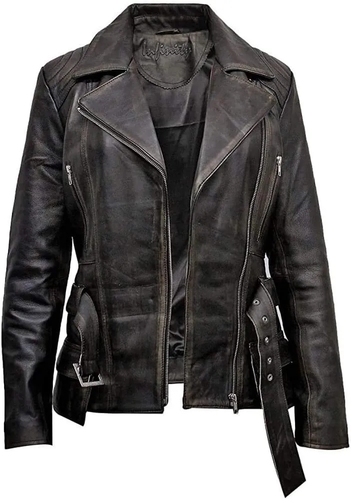 BRANDSLOCK Womens Classic Leather Biker Jacket Genuine Skin