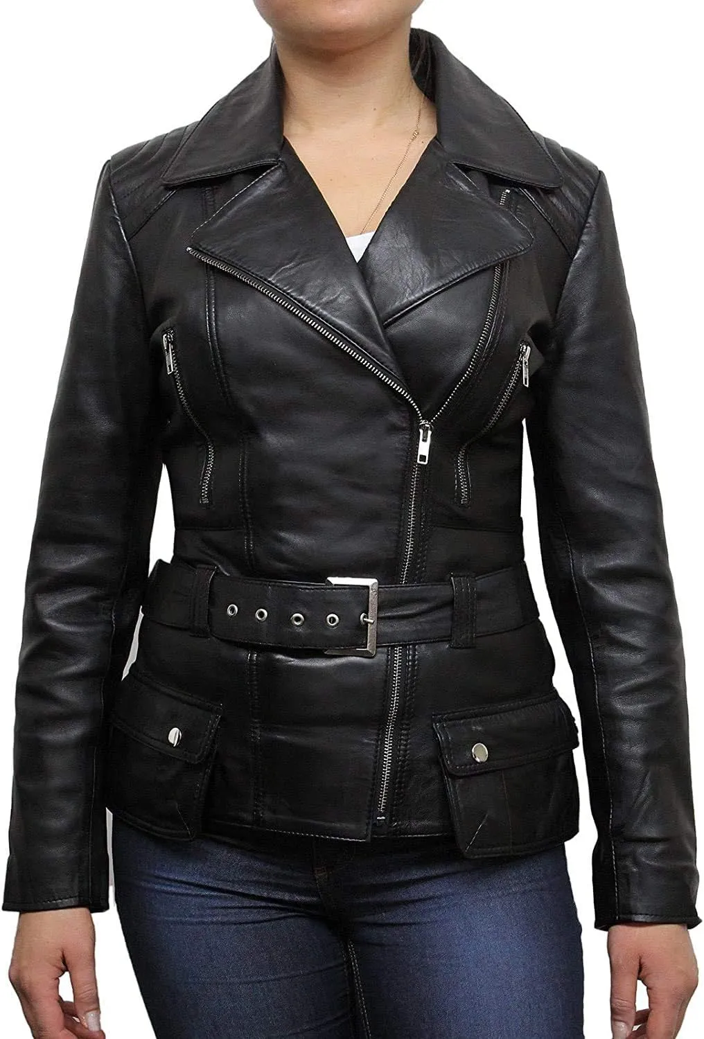 BRANDSLOCK Womens Classic Leather Biker Jacket Genuine Skin