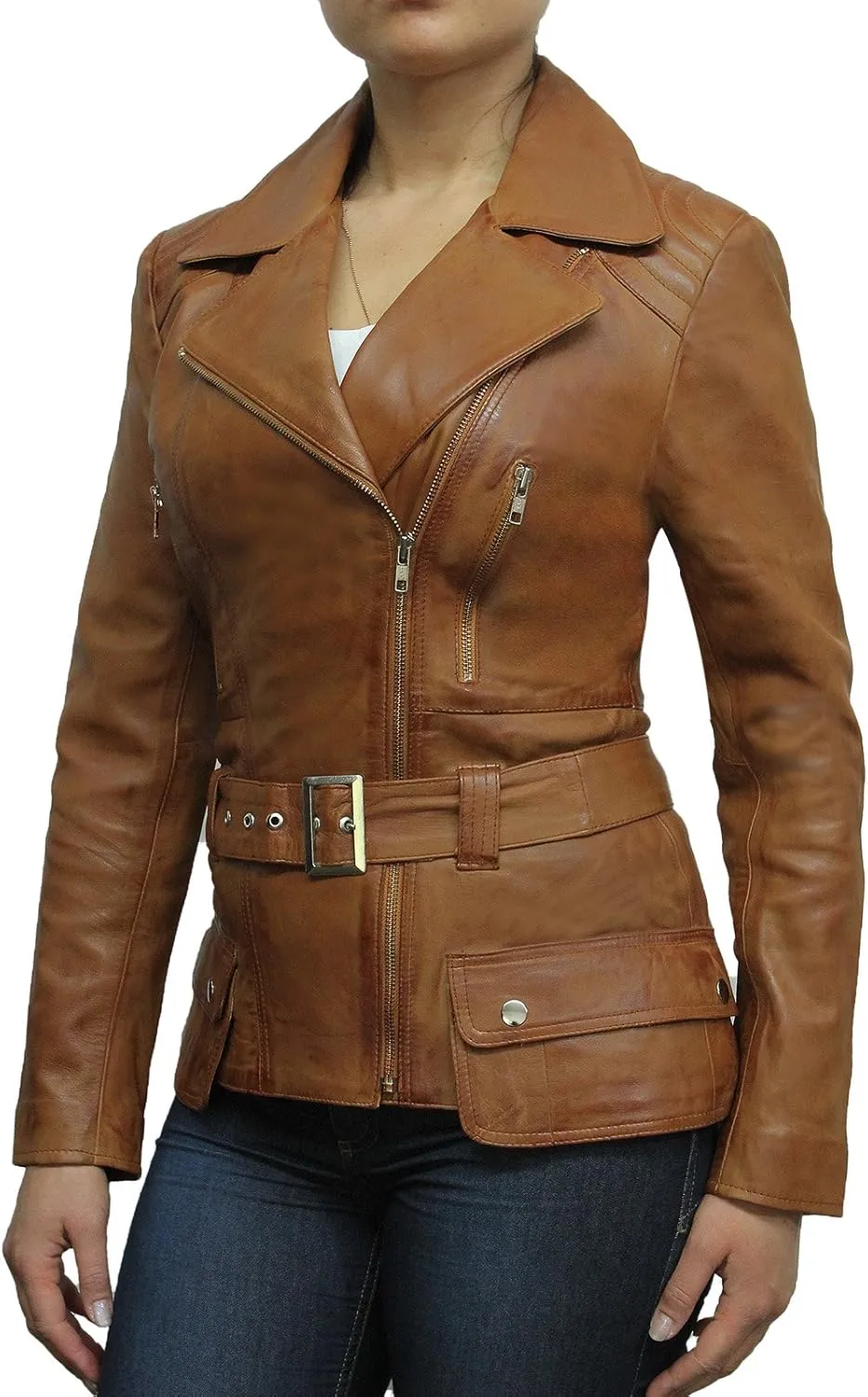 BRANDSLOCK Womens Classic Leather Biker Jacket Genuine Skin