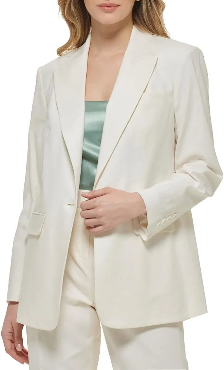 Calvin Klein Womens Linen Blend Long Sleeves One-Button Blazer Ivory 2