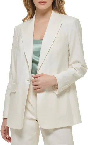 Calvin Klein Womens Linen Blend Long Sleeves One-Button Blazer Ivory 2
