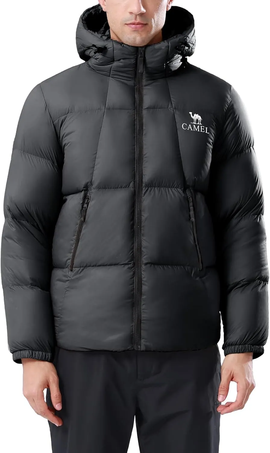 CAMEL Men's Lightweight Puffer Jacket 700-Fill Insulated Down Hooded Jacket Thickened Warm Winter Coat for Hiking & Skiing