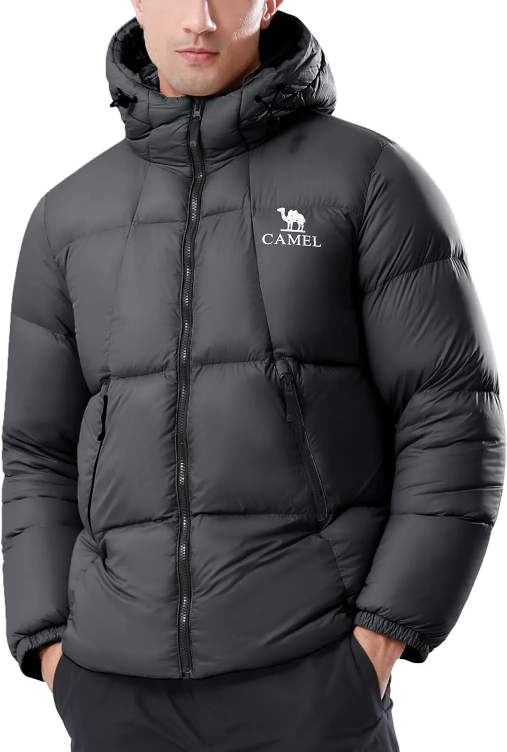 CAMEL Men's Lightweight Puffer Jacket 700-Fill Insulated Down Hooded Jacket Thickened Warm Winter Coat for Hiking & Skiing