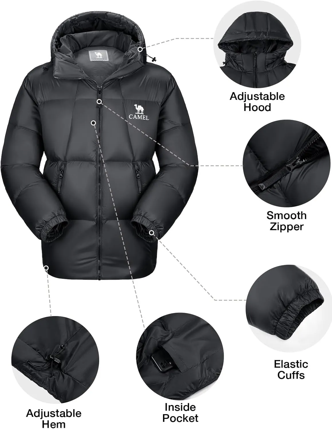 CAMEL Men's Lightweight Puffer Jacket 700-Fill Insulated Down Hooded Jacket Thickened Warm Winter Coat for Hiking & Skiing