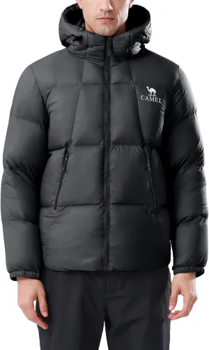 CAMEL Men's Lightweight Puffer Jacket 700-Fill Insulated Down Hooded Jacket Thickened Warm Winter Coat for Hiking & Skiing