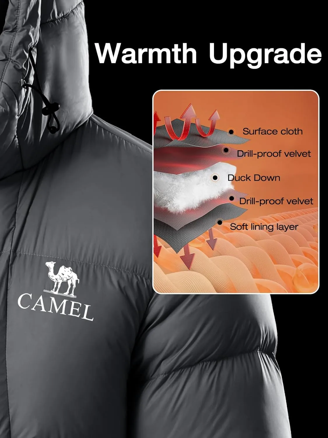 CAMEL Men's Lightweight Puffer Jacket 700-Fill Insulated Down Hooded Jacket Thickened Warm Winter Coat for Hiking & Skiing