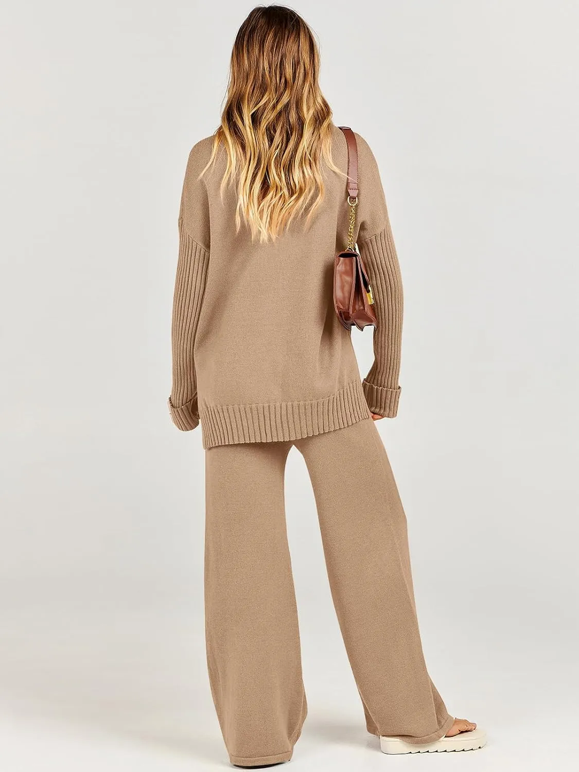 Caracilia Womens 2 Piece Sweater Set Knit Pullover Wide Leg Pants Lounge Matching Sets 2024 Fall Fashion Travel Outfits