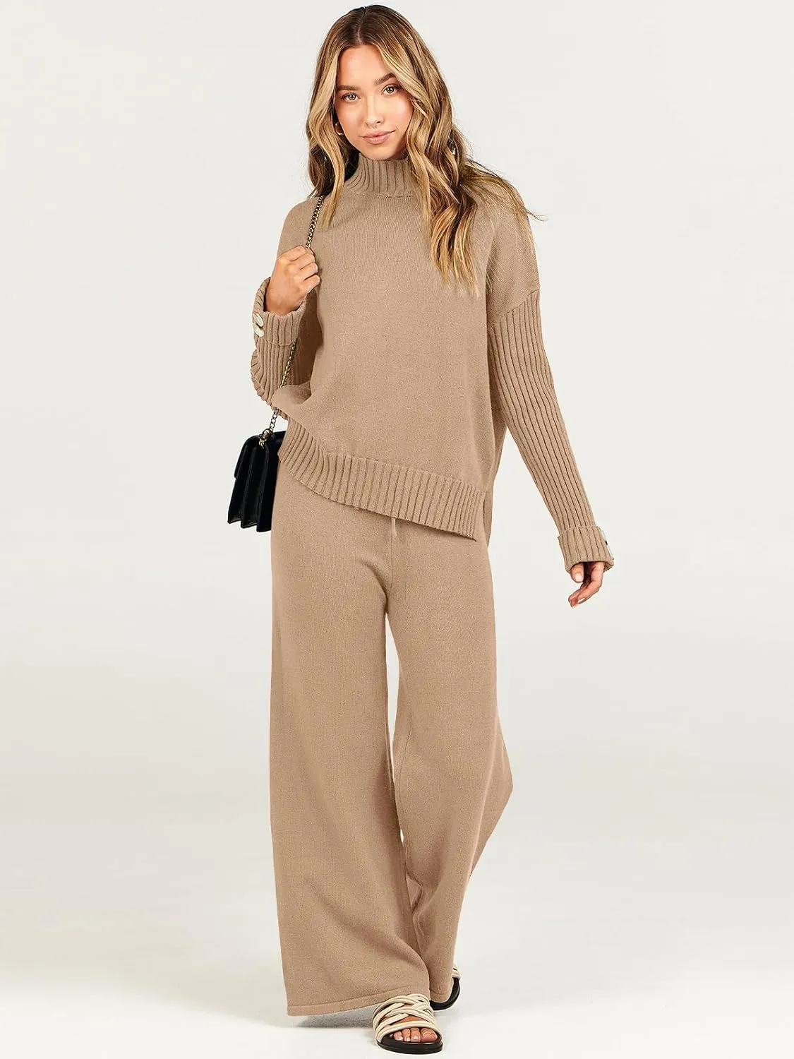 Caracilia Womens 2 Piece Sweater Set Knit Pullover Wide Leg Pants Lounge Matching Sets 2024 Fall Fashion Travel Outfits