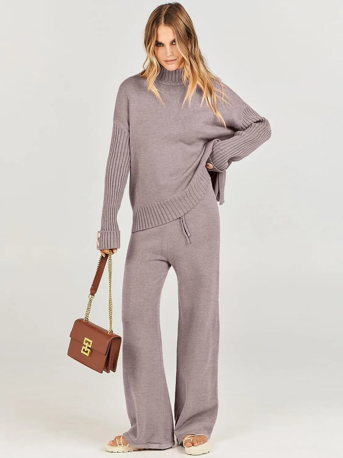 Caracilia Womens 2 Piece Sweater Set Knit Pullover Wide Leg Pants Lounge Matching Sets 2024 Fall Fashion Travel Outfits