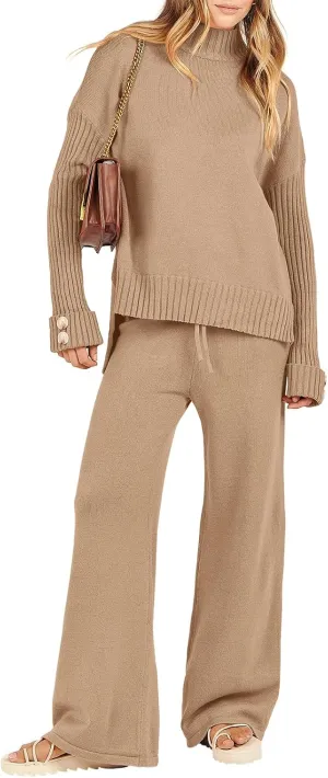Caracilia Womens 2 Piece Sweater Set Knit Pullover Wide Leg Pants Lounge Matching Sets 2024 Fall Fashion Travel Outfits