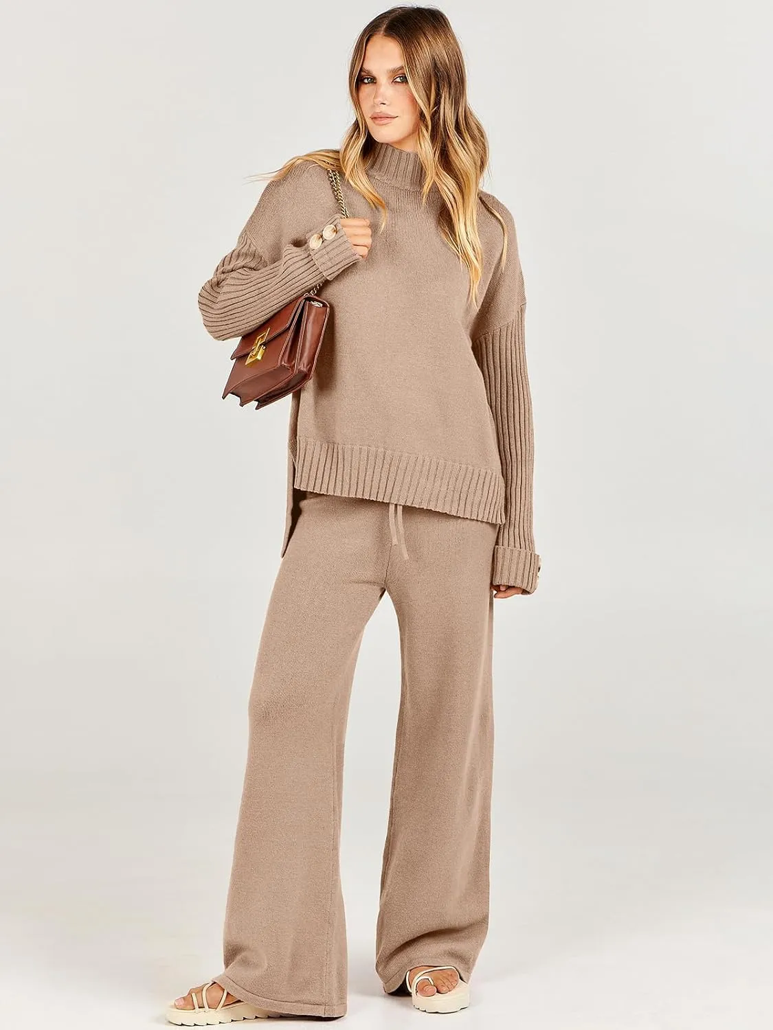 Caracilia Womens 2 Piece Sweater Set Knit Pullover Wide Leg Pants Lounge Matching Sets 2024 Fall Fashion Travel Outfits