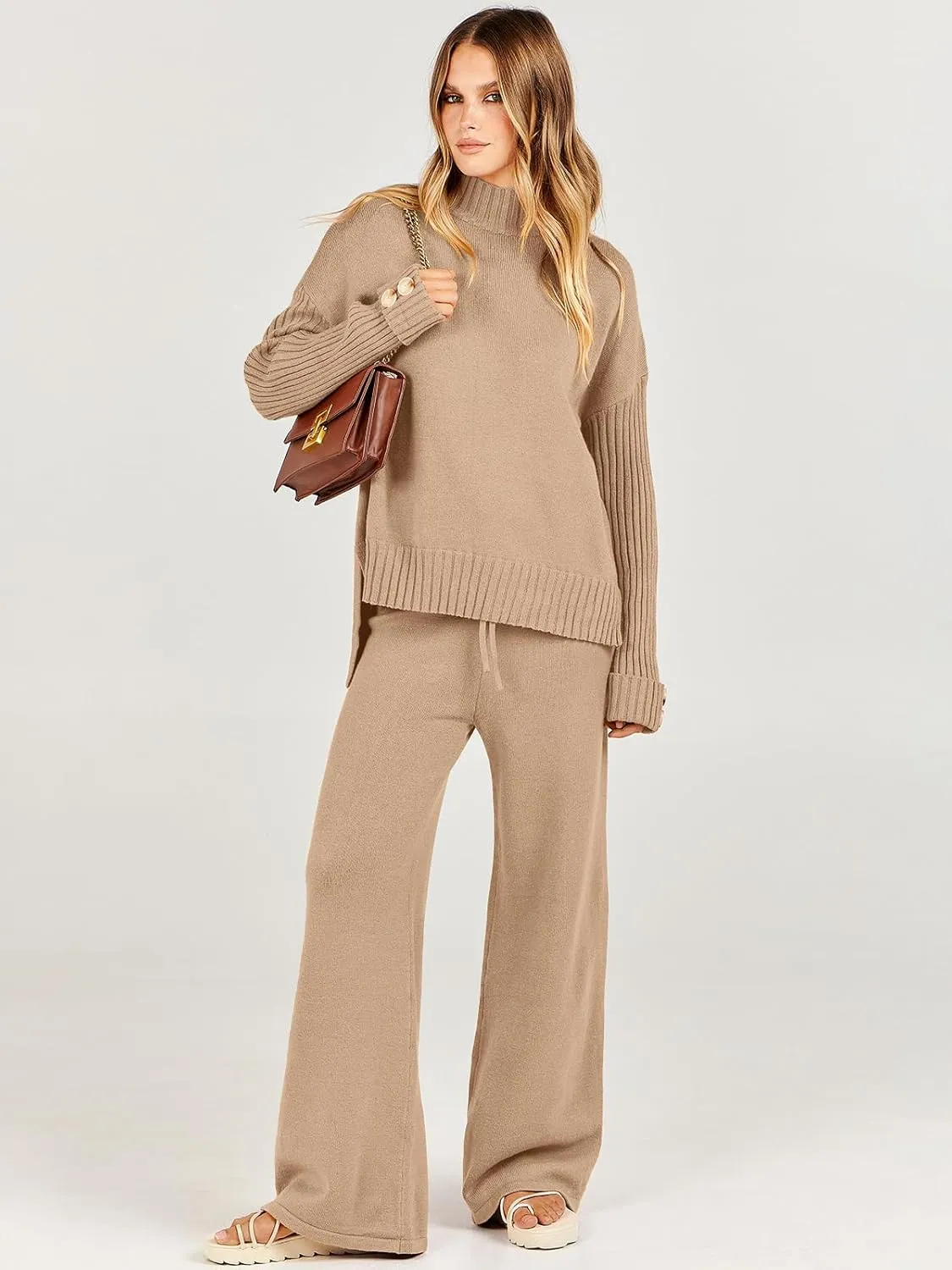 Caracilia Womens 2 Piece Sweater Set Knit Pullover Wide Leg Pants Lounge Matching Sets 2024 Fall Fashion Travel Outfits