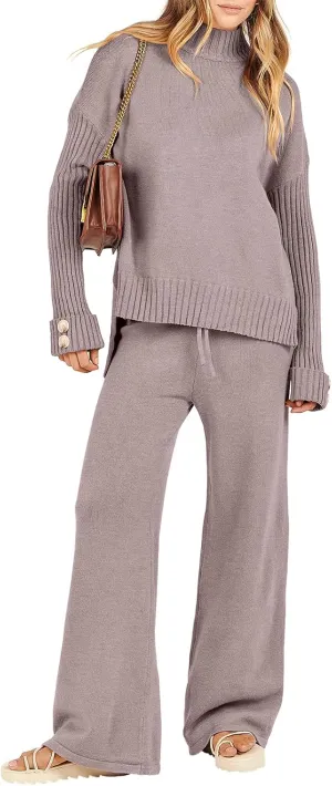Caracilia Womens 2 Piece Sweater Set Knit Pullover Wide Leg Pants Lounge Matching Sets 2024 Fall Fashion Travel Outfits
