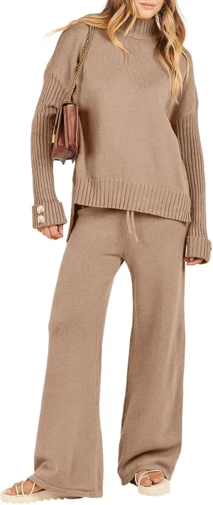 Caracilia Womens 2 Piece Sweater Set Knit Pullover Wide Leg Pants Lounge Matching Sets 2024 Fall Fashion Travel Outfits