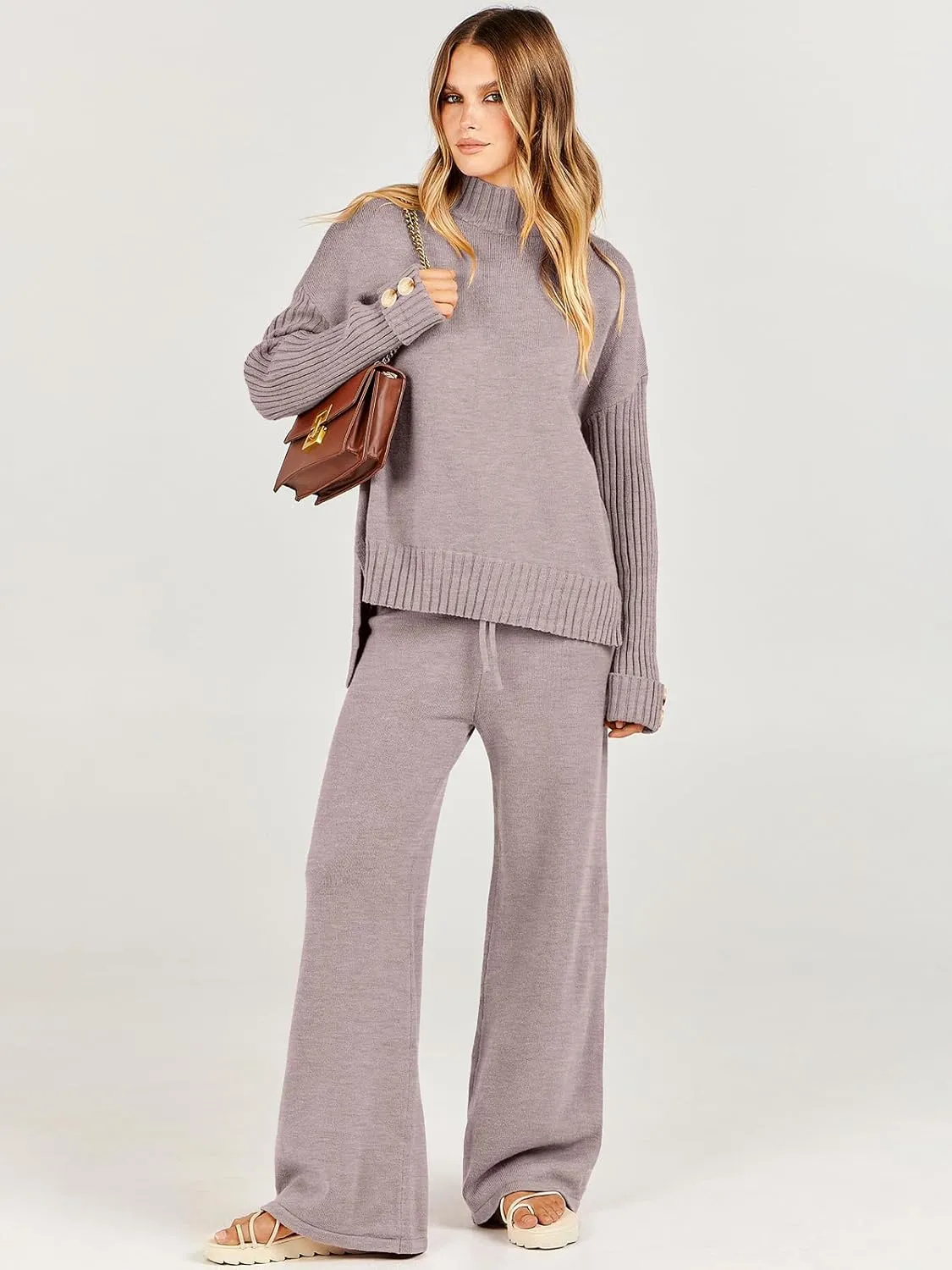 Caracilia Womens 2 Piece Sweater Set Knit Pullover Wide Leg Pants Lounge Matching Sets 2024 Fall Fashion Travel Outfits