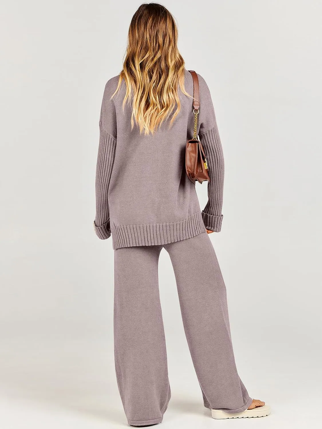 Caracilia Womens 2 Piece Sweater Set Knit Pullover Wide Leg Pants Lounge Matching Sets 2024 Fall Fashion Travel Outfits