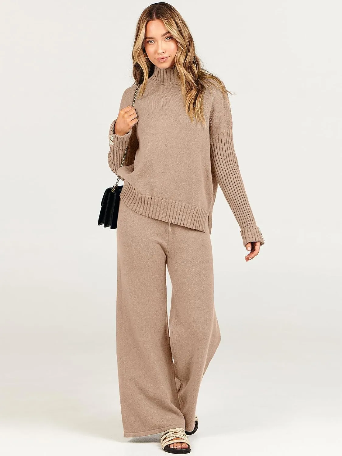 Caracilia Womens 2 Piece Sweater Set Knit Pullover Wide Leg Pants Lounge Matching Sets 2024 Fall Fashion Travel Outfits