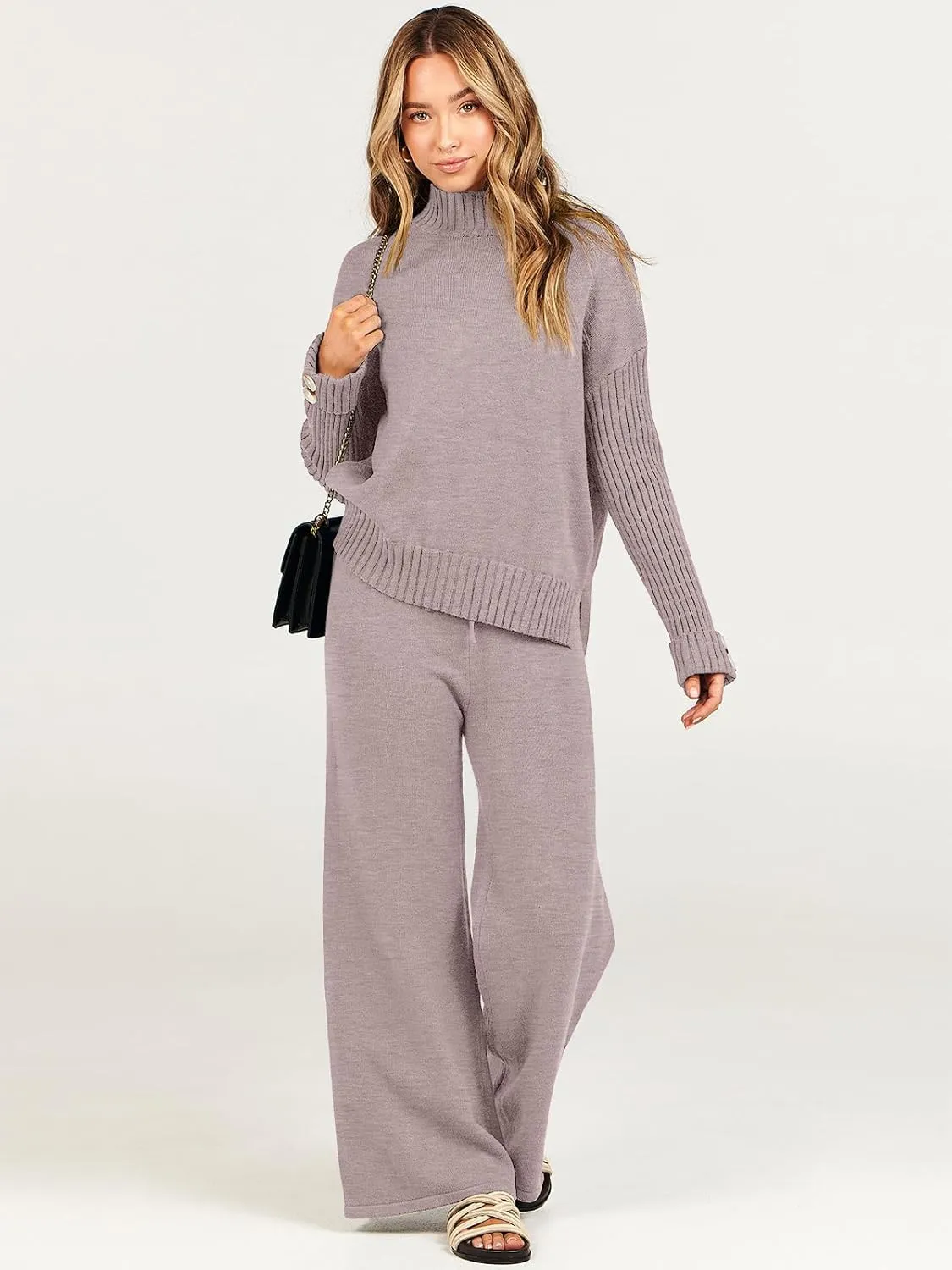 Caracilia Womens 2 Piece Sweater Set Knit Pullover Wide Leg Pants Lounge Matching Sets 2024 Fall Fashion Travel Outfits