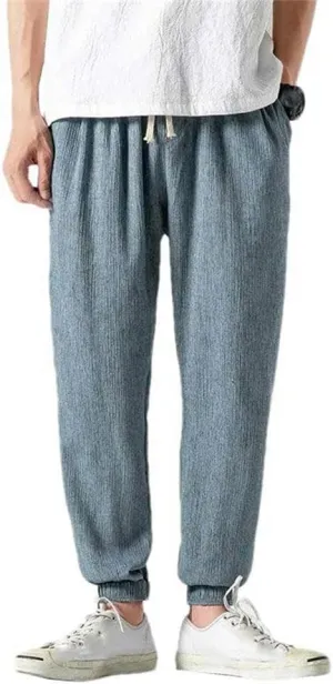 Casual Pants Chinese Style Men's Cotton and Linen Harem Pants Tied Legs Drawstring Elastic Waist Outdoor Sports