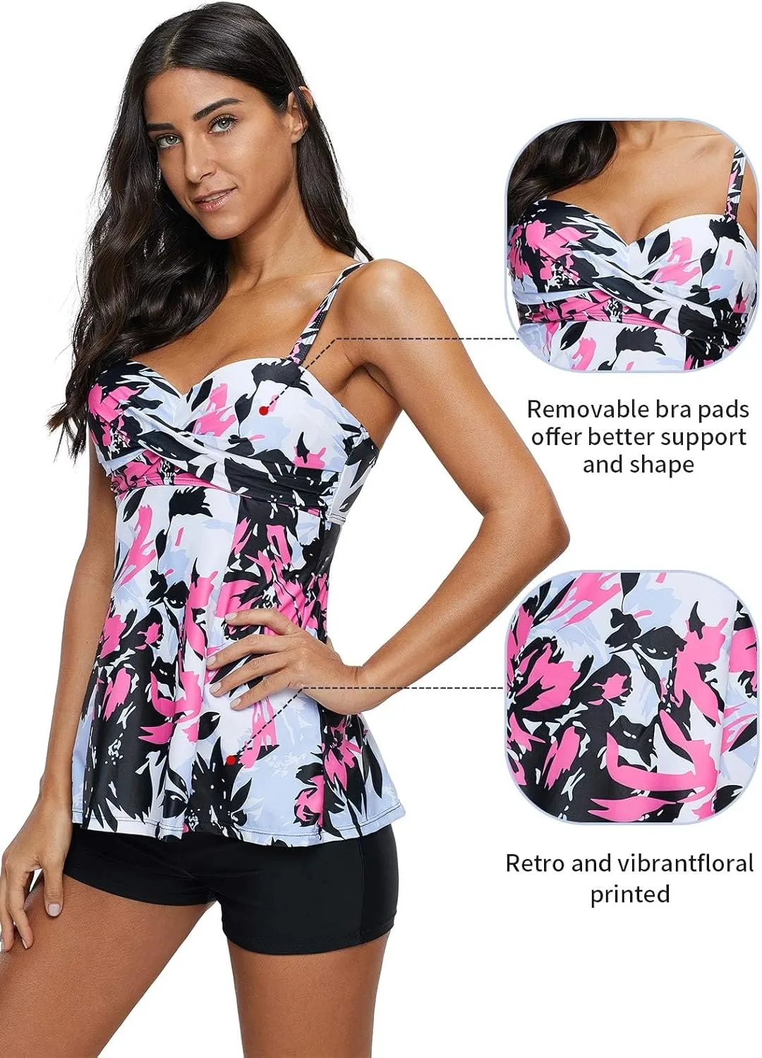 Century Star Tankini Swimsuits for Women Retro Bathing Suits Two Pieces Modest Swimming Wear Sports Tank Tops with Boyshorts