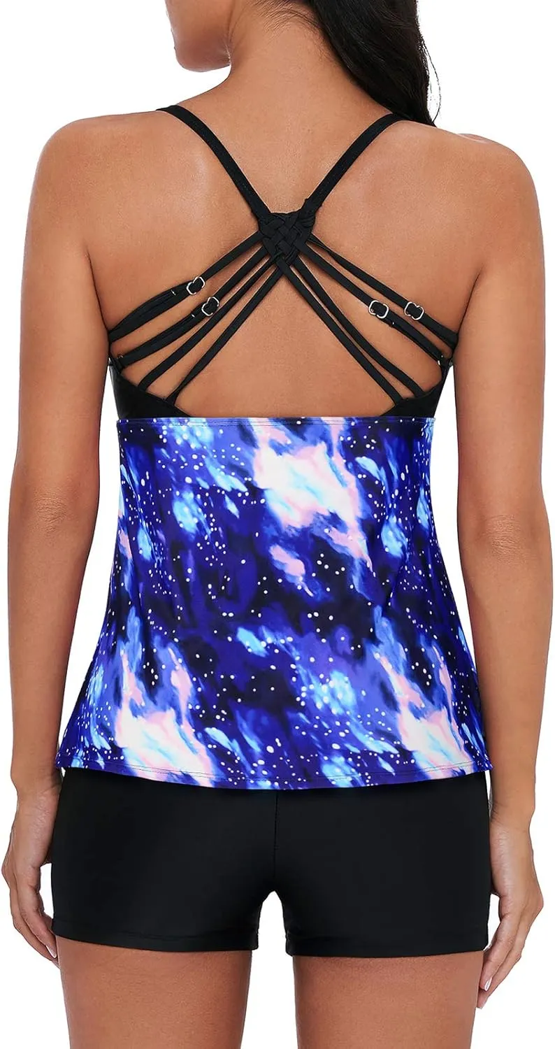 Century Star Tankini Swimsuits for Women Retro Bathing Suits Two Pieces Modest Swimming Wear Sports Tank Tops with Boyshorts