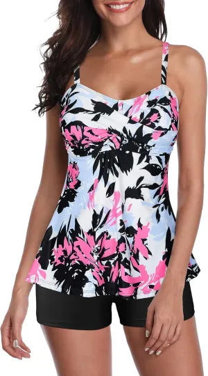 Century Star Tankini Swimsuits for Women Retro Bathing Suits Two Pieces Modest Swimming Wear Sports Tank Tops with Boyshorts
