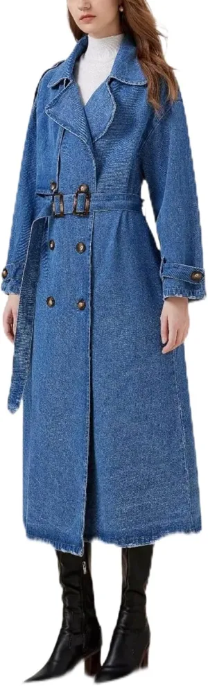 CHARTOU Women's Denim Overcoat Classic Notch Lapel Double Breasted Belted Trench Coat